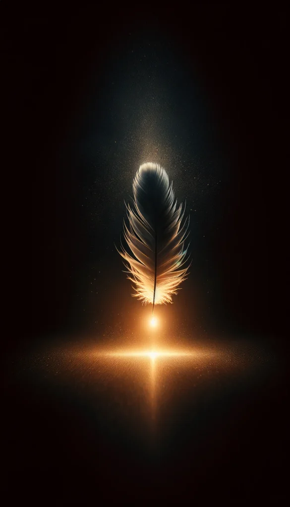 DALL·E 2024-03-17 10.39.42 - Create an image that embodies the essence of storytelling, with a central visual of a feather gracefully descending towards a center against a deep bl